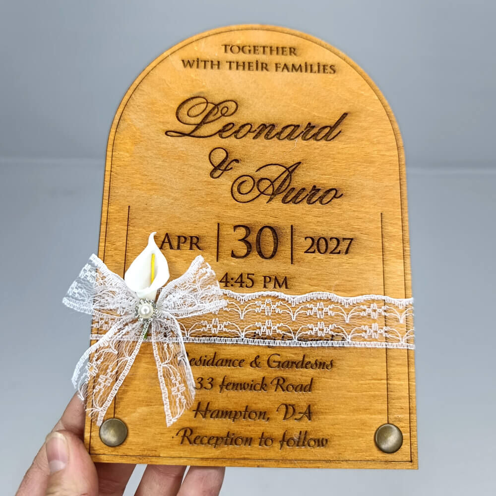 Düğün Davetiyesi Üstten Oval Alt Köşeler Rustik Perçinli Ahşap Davetiye AHD-202615 13x19 cm - Kızıl