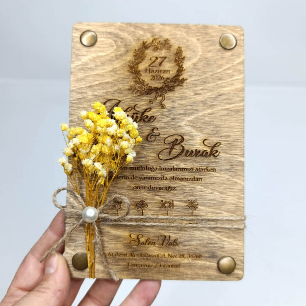Düğün Davetiyesi 4 Köşe Perçinli Ahşap Davetiye AHD-202616 13x19 cm - Ceviz