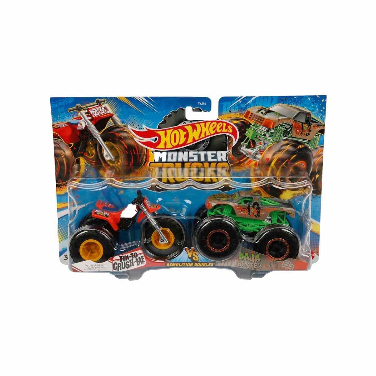 HOT WHEELS FYJ64 Monster Trucks 2'li 1:64 Ölçekli Model Oyuncak Arabalar Trito Crushme ve Baja Buster