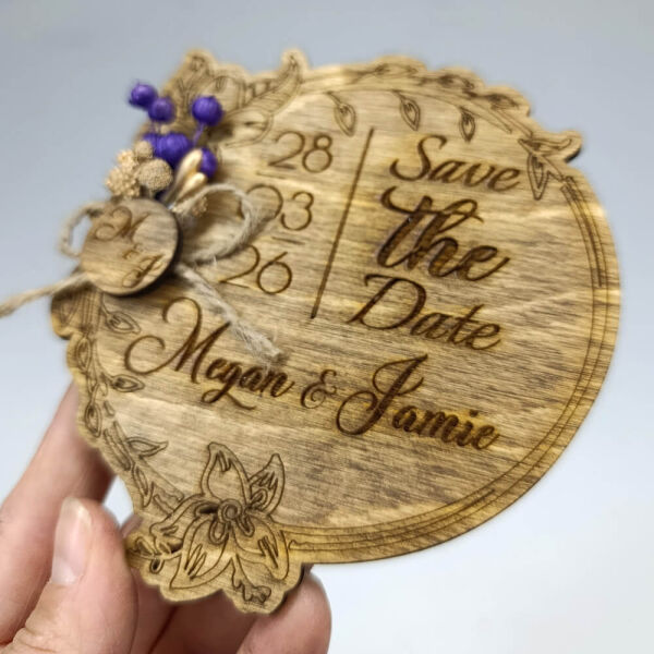 Düğün Davetiyesi Çiçek Motifi Kesim Ahşap Davetiye Magnet AHD-202618 12x12 cm - Ceviz