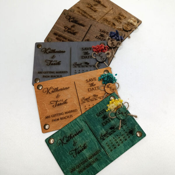 Düğün Davetiyesi AHD-202619 Takvimli 4 Köşe Perçinli Ahşap Davetiye 12x19 cm - Yeşil