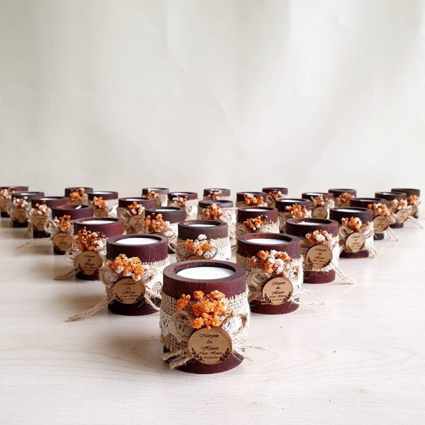 Nikah Şekeri Hediyeliği Silindir Ahşap Mumluk Nks-57