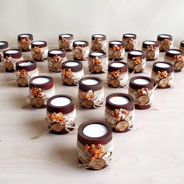 Nikah Şekeri Hediyeliği Silindir Ahşap Mumluk Nks-57