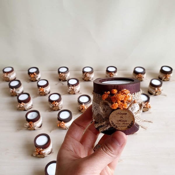 Nikah Şekeri Hediyeliği Silindir Ahşap Mumluk Nks-57