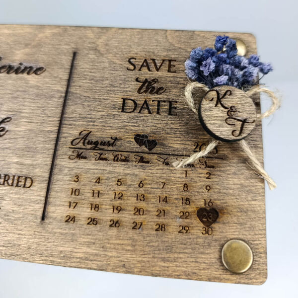 Düğün Davetiyesi AHD-202619 Takvimli 4 Köşe Perçinli Ahşap Davetiye 10x16 cm - Koyu Ceviz