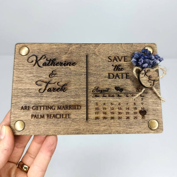 Düğün Davetiyesi AHD-202619 Takvimli 4 Köşe Perçinli Ahşap Davetiye 12x19 cm - Koyu Ceviz