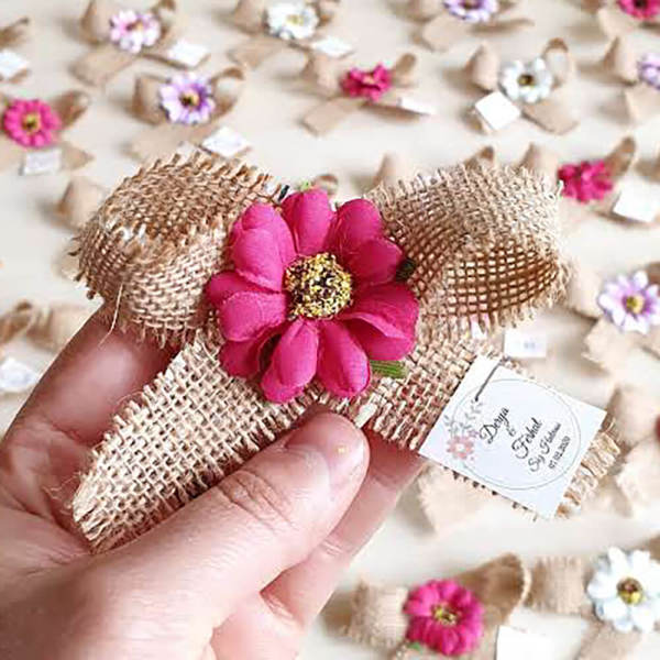 Nikah Şekeri Hediyeliği Papatyalı Jüt Kumaş Fiyonk Magnet Nks-70
