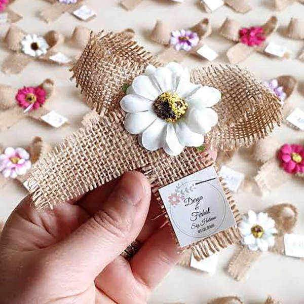 Nikah Şekeri Hediyeliği Papatyalı Jüt Kumaş Fiyonk Magnet Nks-70