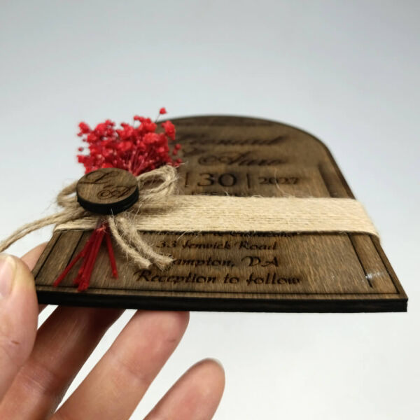 Düğün Davetiyesi AHD-202620 Üst Oval Kubbe Kesim Ahşap Davetiye 11x16 cm - Koyu Ceviz