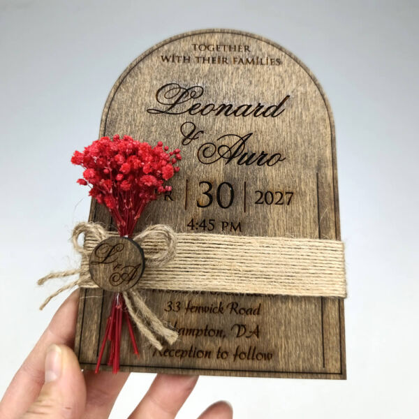 Düğün Davetiyesi AHD-202620 Üst Oval Kubbe Kesim Ahşap Davetiye 11x16 cm - Koyu Ceviz