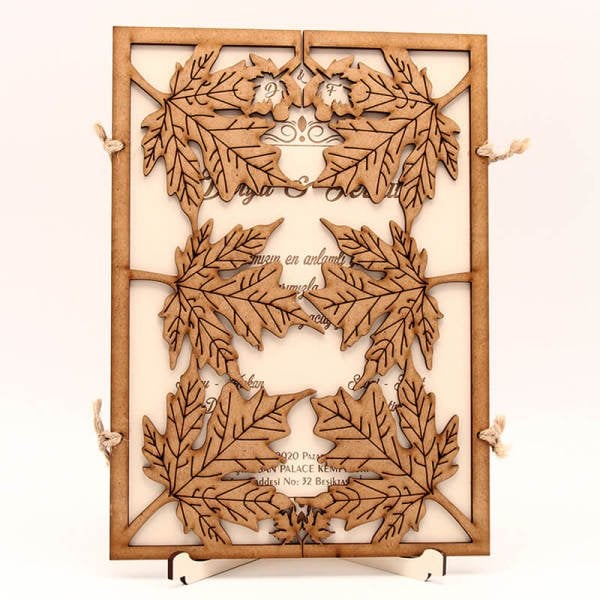 Ahşap Düğün Davetiyesi Çınar Yaprağı Modeli Ahşap Davetiye | AHD-3001