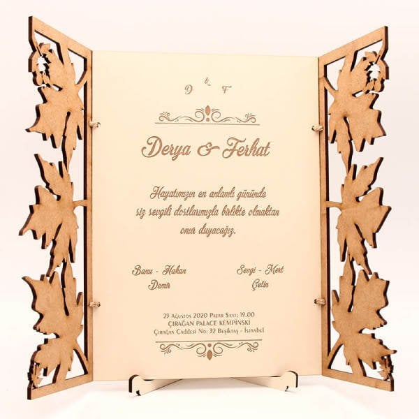 Ahşap Düğün Davetiyesi Çınar Yaprağı Modeli Ahşap Davetiye | AHD-3001