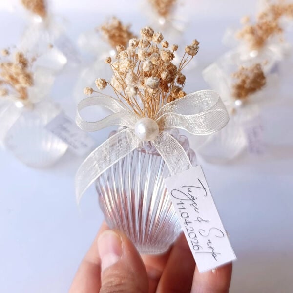 Nikah Şekeri Hediyeliği Kolonya Şişesi Nks-301A Cipso Çiçekli Plastik İstiridye Şişe