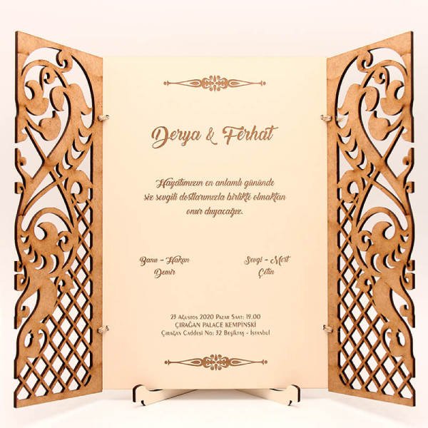 Ahşap Düğün Davetiyesi Kalp Desenli Davetiye | AHD-3002