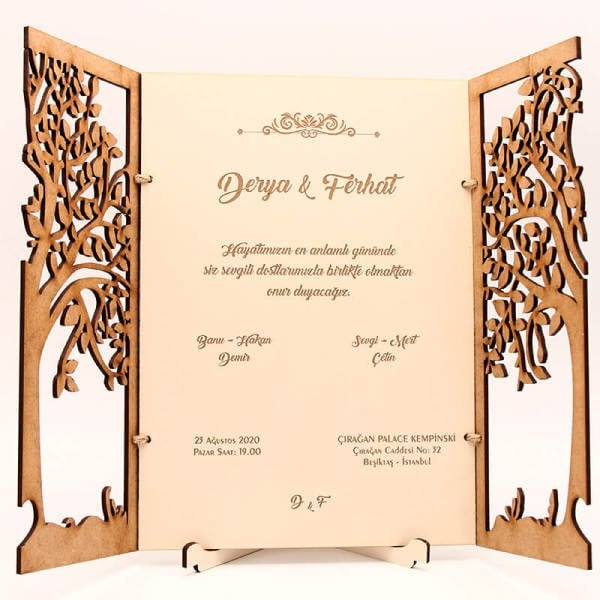Ahşap Düğün Davetiyesi, Çınar Ağacı Desenli Davetiye | AHD-3003