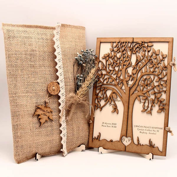 Ahşap Düğün Davetiyesi, Çınar Ağacı Desenli Davetiye | AHD-3003