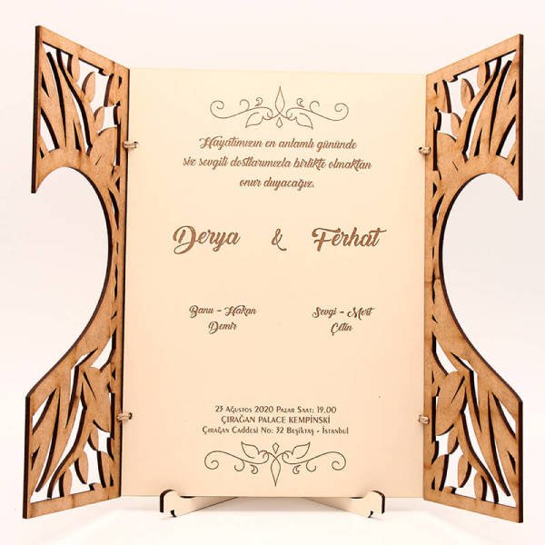 Ahşap Düğün Davetiyesi Kalp Desenli Davetiye Modelleri | AHD-3005