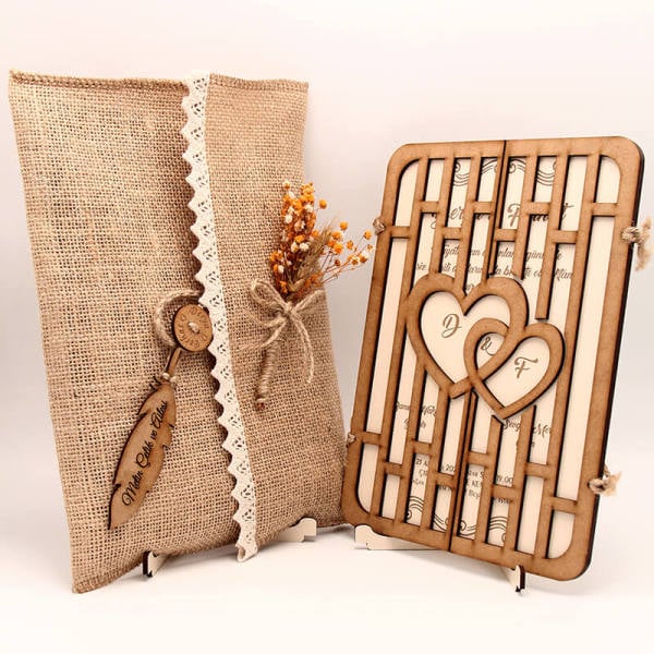 Ahşap Düğün Davetiyesi | AHD-3009 Çift Kalp Desenli Ahşap Davetiye