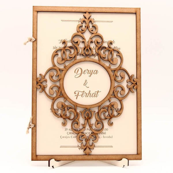 Ahşap Düğün Davetiyesi AHD-3010 | Osmanlı Cam Göbeği Desenli Ahşap Davetiye