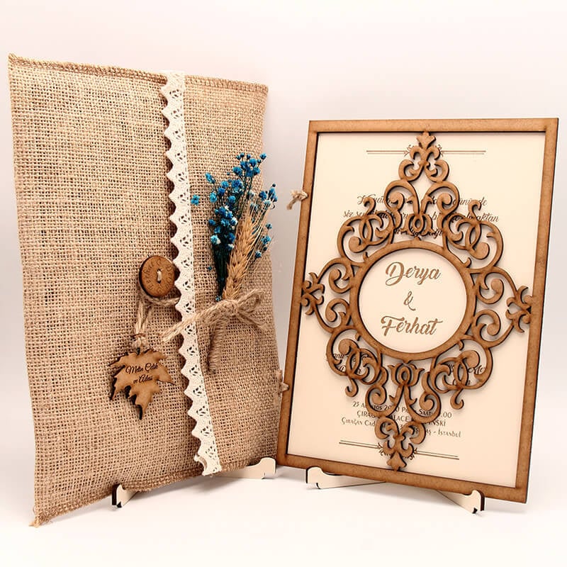 Ahşap Düğün Davetiyesi AHD-3010 | Osmanlı Cam Göbeği Desenli Ahşap Davetiye