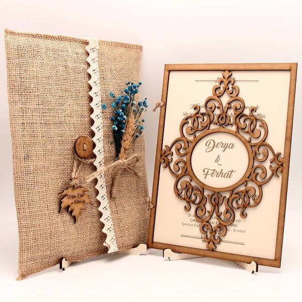 Ahşap Düğün Davetiyesi AHD-3010 | Osmanlı Cam Göbeği Desenli Ahşap Davetiye
