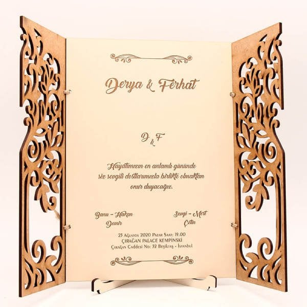 Ahşap Düğün Davetiyesi | AHD-3011 Meşe Ağacı Desenli Ahşap Davetiye