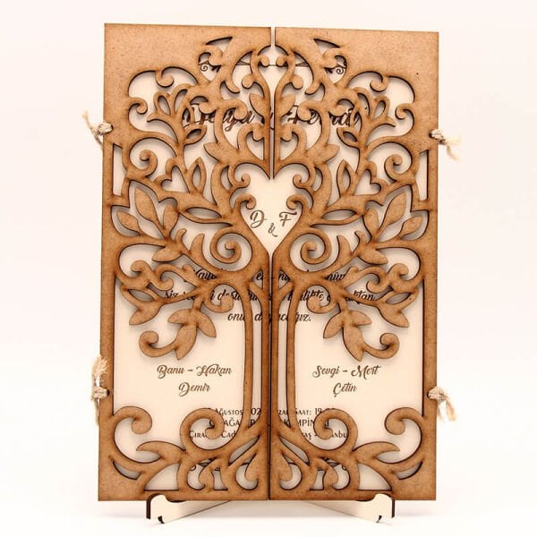 Ahşap Düğün Davetiyesi | AHD-3011 Meşe Ağacı Desenli Ahşap Davetiye