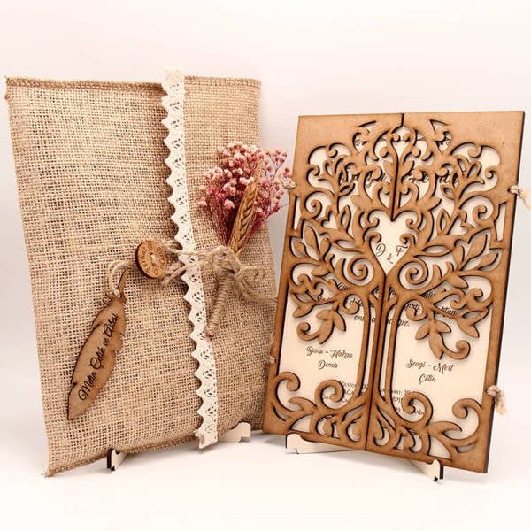 Ahşap Düğün Davetiyesi | AHD-3011 Meşe Ağacı Desenli Ahşap Davetiye