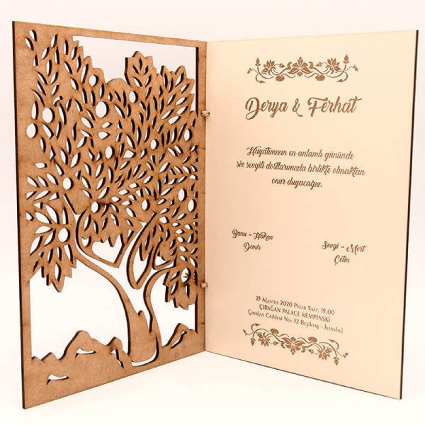 Ahşap Düğün Davetiyesi | AHD-3012 İğde Ağacı Desenli Ahşap Davetiye