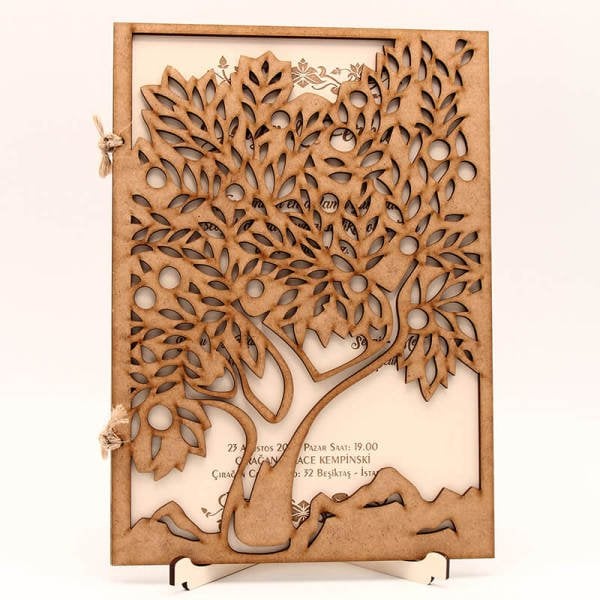 Ahşap Düğün Davetiyesi | AHD-3012 İğde Ağacı Desenli Ahşap Davetiye