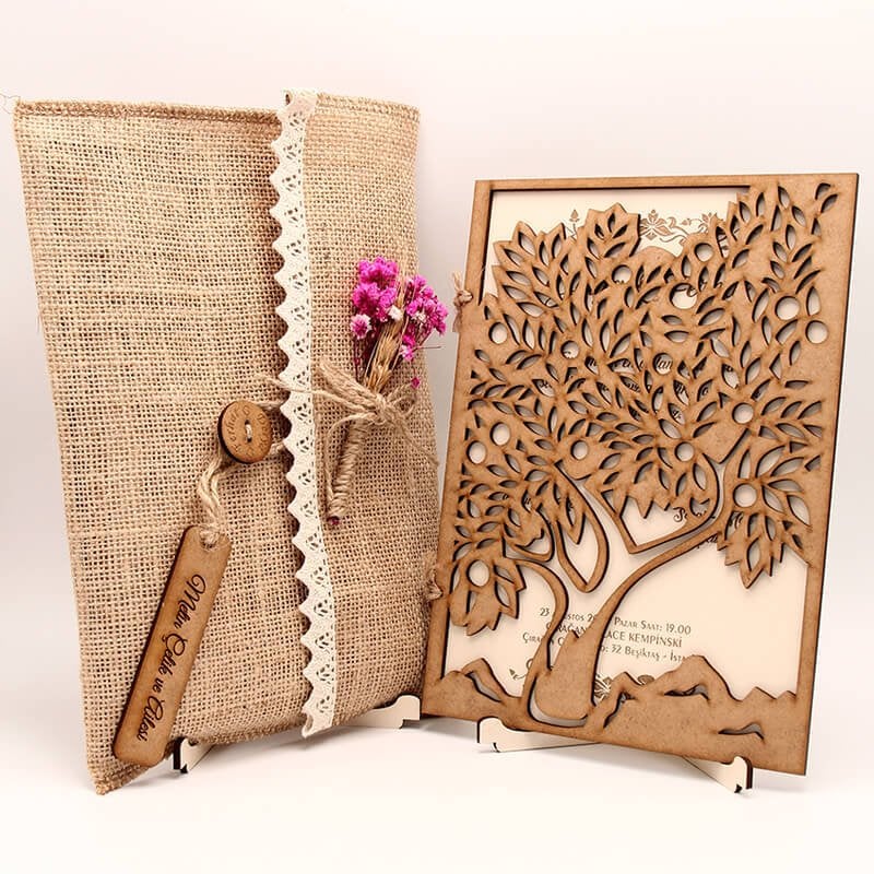 Ahşap Düğün Davetiyesi | AHD-3012 İğde Ağacı Desenli Ahşap Davetiye