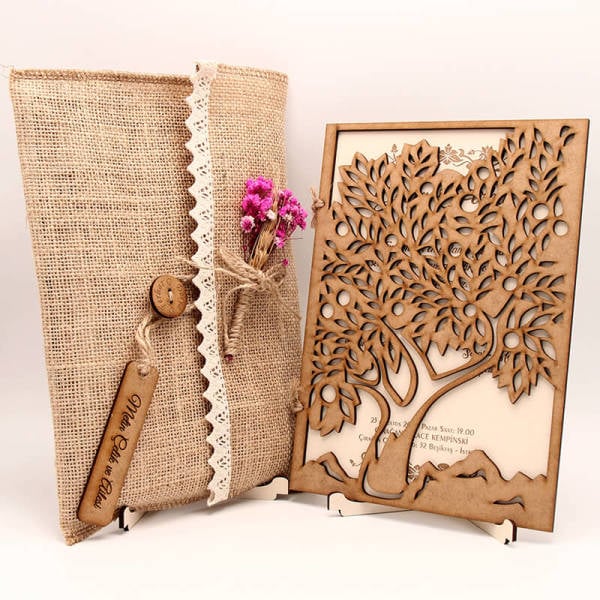 Ahşap Düğün Davetiyesi | AHD-3012 İğde Ağacı Desenli Ahşap Davetiye