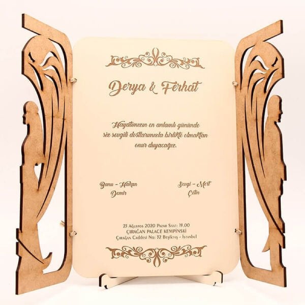 Ahşap Düğün Davetiyesi AHD-3014c | Gelin Damat Figürlü Ahşap Davetiye
