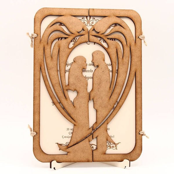 Ahşap Düğün Davetiyesi AHD-3014b | Gelin Damat Figürlü Ahşap Davetiye