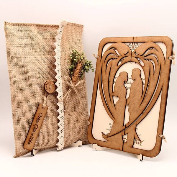 Ahşap Düğün Davetiyesi AHD-3014 | Gelin Damat Figürlü Ahşap Davetiye