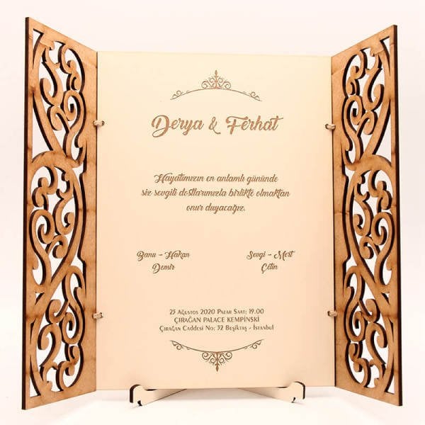 Ahşap Düğün Davetiyesi AHD-3016 | Damarlı Kalp Desenli Davetiye
