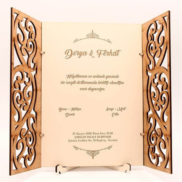 Ahşap Düğün Davetiyesi AHD-3016c | Damarlı Kalp Desenli Ahşap Davetiye