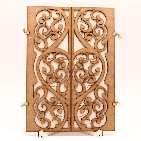 Ahşap Düğün Davetiyesi AHD-3016b | Damarlı Kalp Desenli Ahşap Davetiye