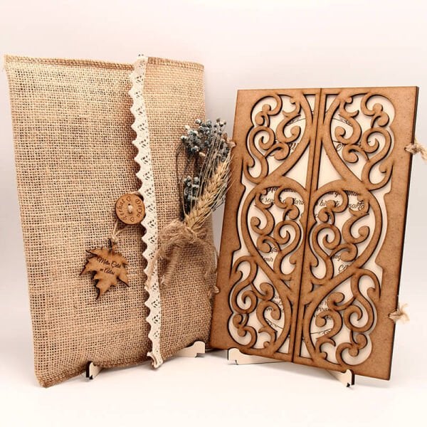 Ahşap Düğün Davetiyesi AHD-3016 | Damarlı Kalp Desenli Ahşap Davetiye