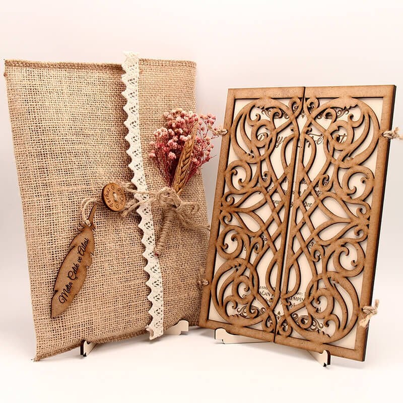 Ahşap Düğün Davetiyesi AHD-3018 | Karışık Desenli Ahşap Davetiye