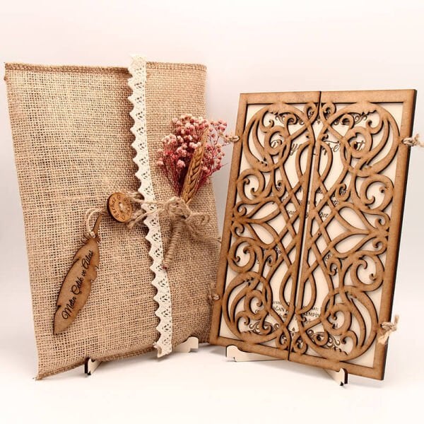 Ahşap Düğün Davetiyesi AHD-3018 | Karışık Desenli Ahşap Davetiye