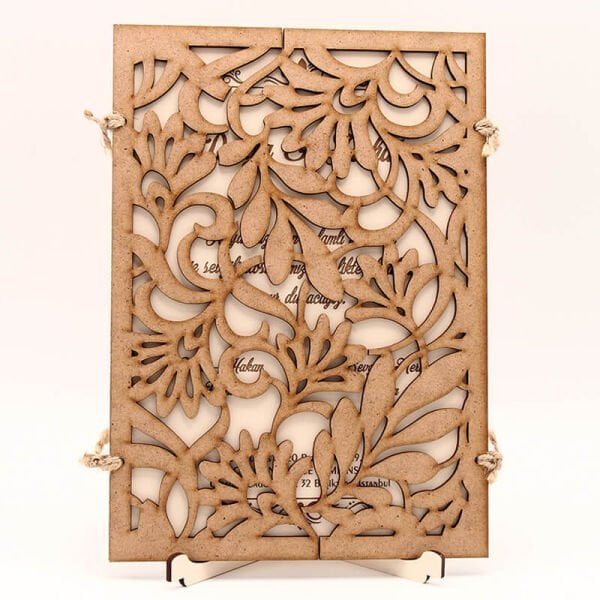 Ahşap Düğün Davetiyesi AHD-3019b | Yaprak Motifli Ahşap Davetiye