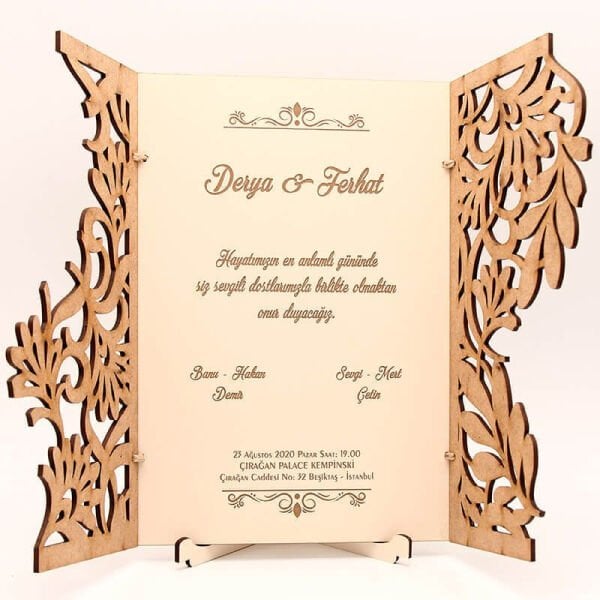 Ahşap Düğün Davetiyesi AHD-3019c | Yaprak Motifli Ahşap Davetiye