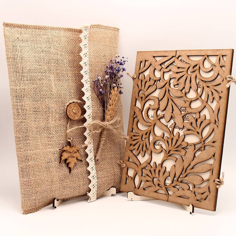 Ahşap Düğün Davetiyesi AHD-3019 | Yaprak Motifli Ahşap Davetiye