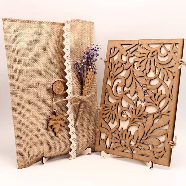 Ahşap Düğün Davetiyesi AHD-3019 | Yaprak Motifli Ahşap Davetiye