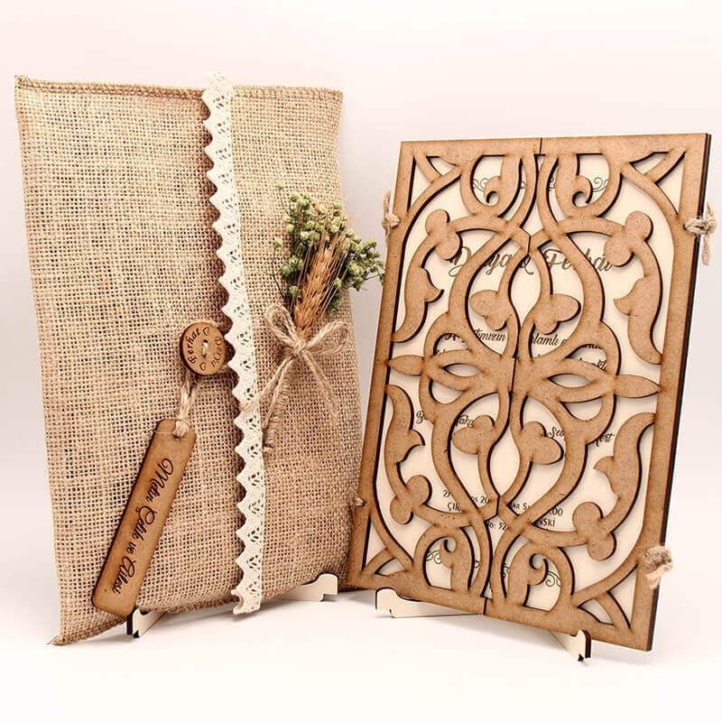 Ahşap Düğün Davetiyesi AHD-3020a | Karışık Desenli Ahşap Davetiye