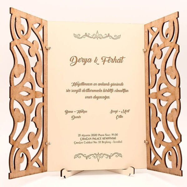 Ahşap Düğün Davetiyesi AHD-3020c | Karışık Desenli Ahşap Davetiye