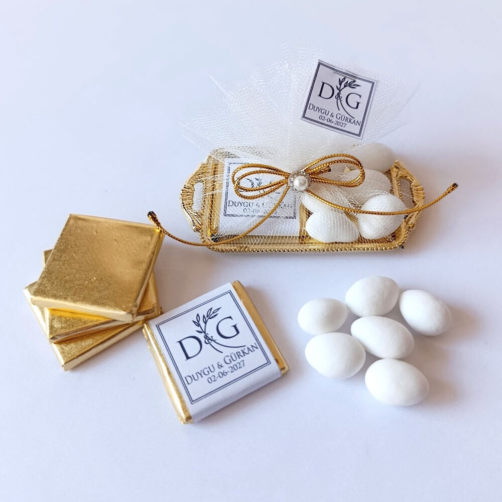 Nikah Şekeri Nks-317A Madlen Çikolata ve Badem Şekerli Gold Metal Mini Tepsi