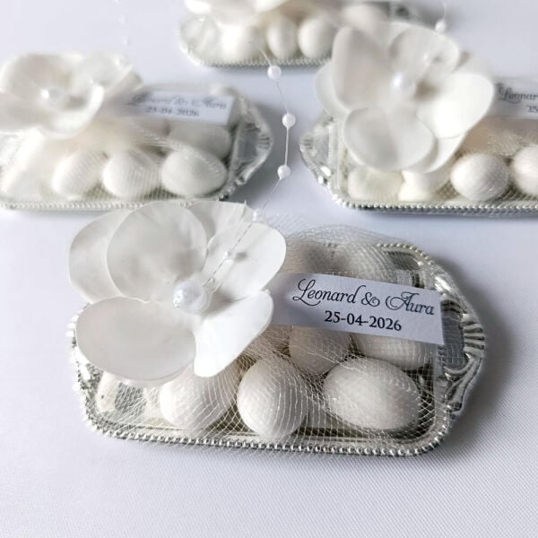 Nikah Şekeri Nks-318B Badem Şekerli Ortanca Çiçekli Gümüş Metal Mini Tepsi