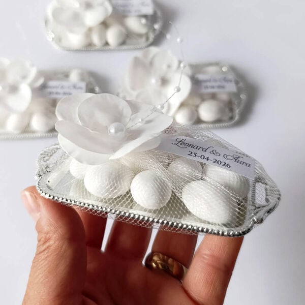 Nikah Şekeri Nks-318B Badem Şekerli Ortanca Çiçekli Gümüş Metal Mini Tepsi